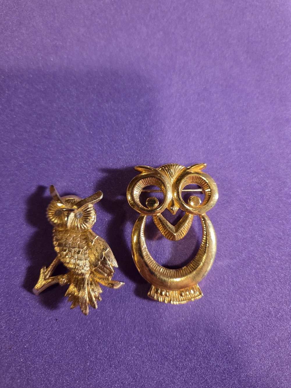 Gold Owl Brooches - Pair